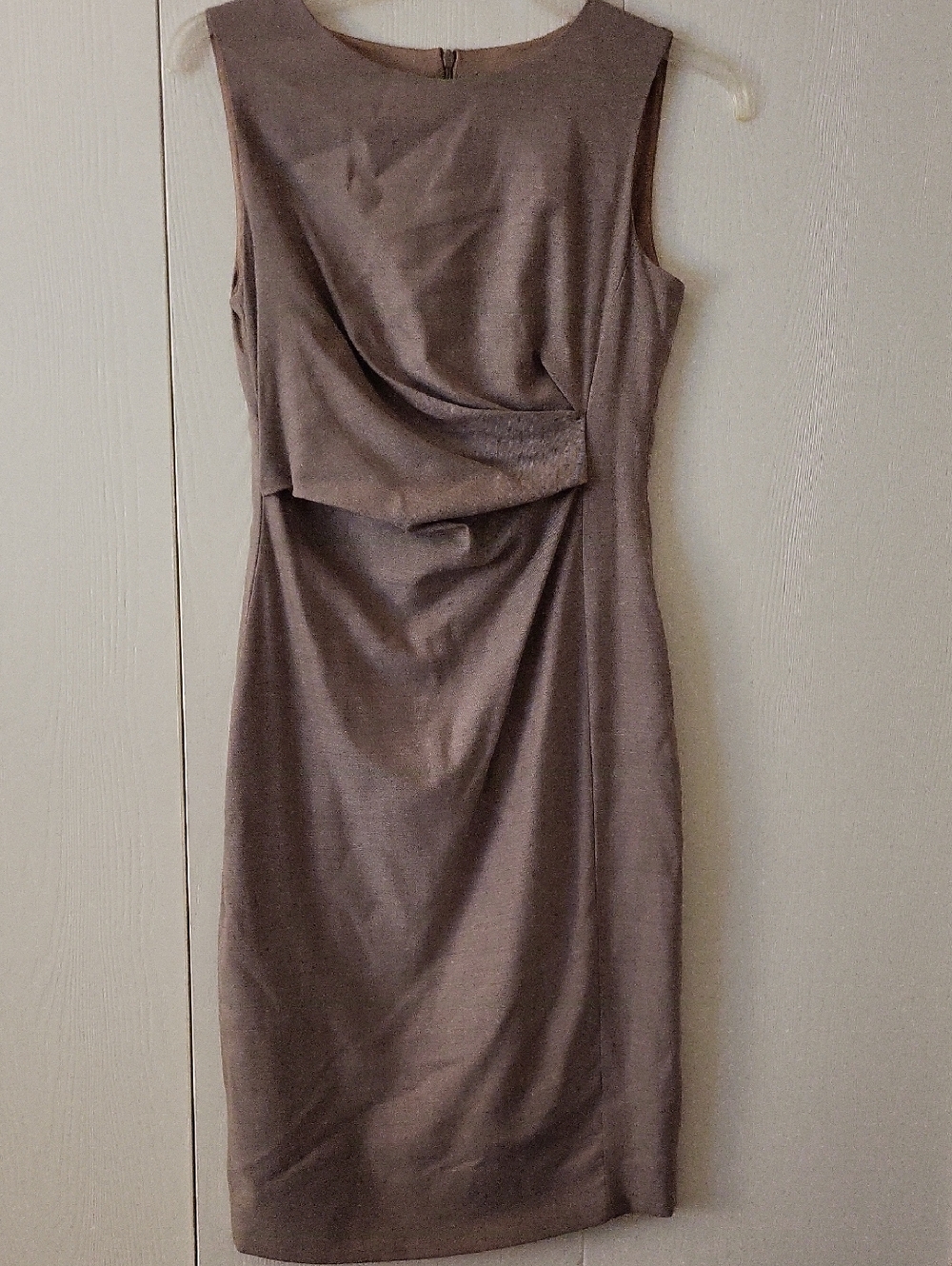 Sleeveless Taupe Midi Sheath Dress with Draped Waist